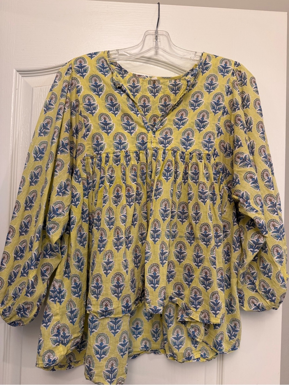 Women's Yellow Block Print Floral Peasant Blouse
